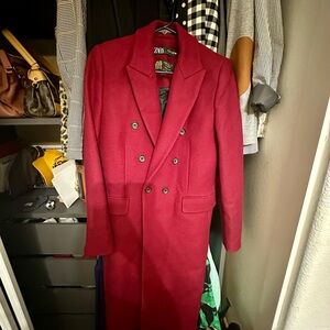 Zara Deep Red Double-Breasted Pea Coat